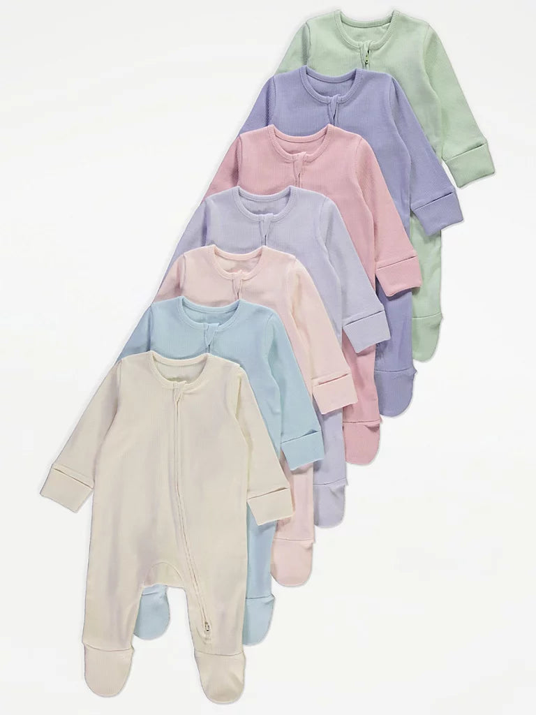 Pastel Ribbed Zip Fasten Sleepsuits 7 Pack