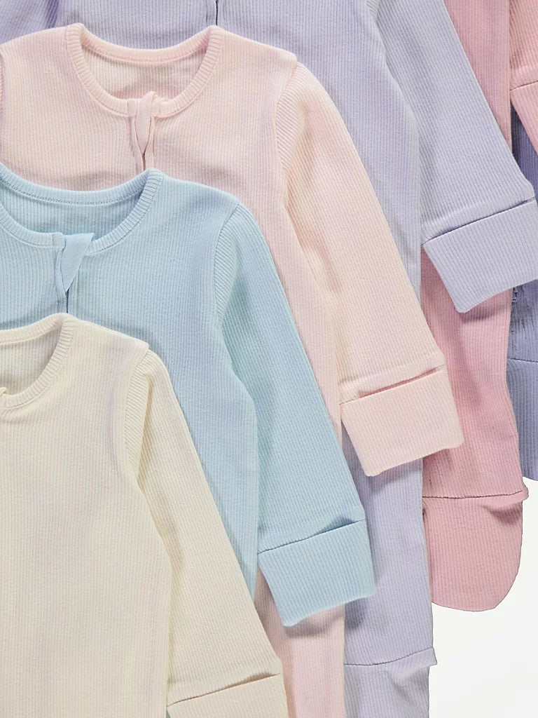 Pastel Ribbed Zip Fasten Sleepsuits 7 Pack