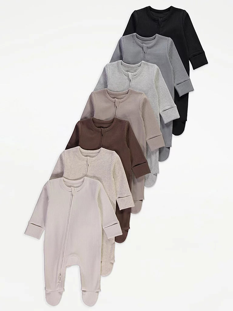 Set od 7 spilhozni - Neutral Ribbed Zip Fasten Sleepsuits
