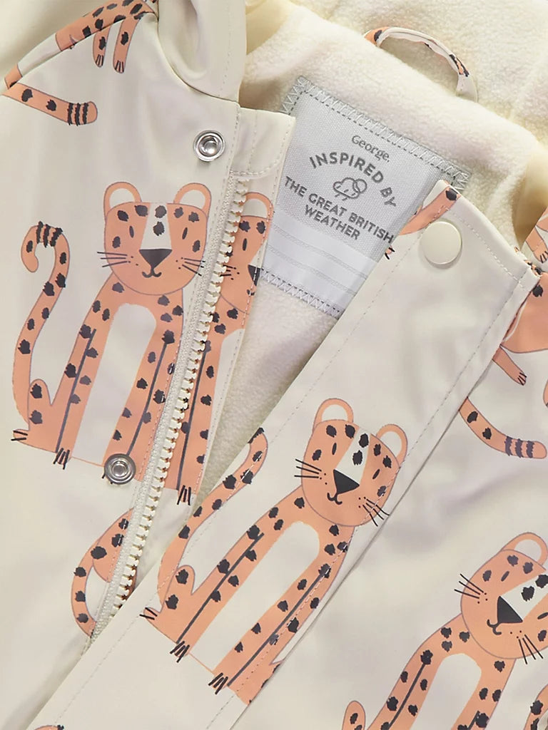 Jakna - Cream Cheetah Fleece Lined Hooded Fisherman Jacket