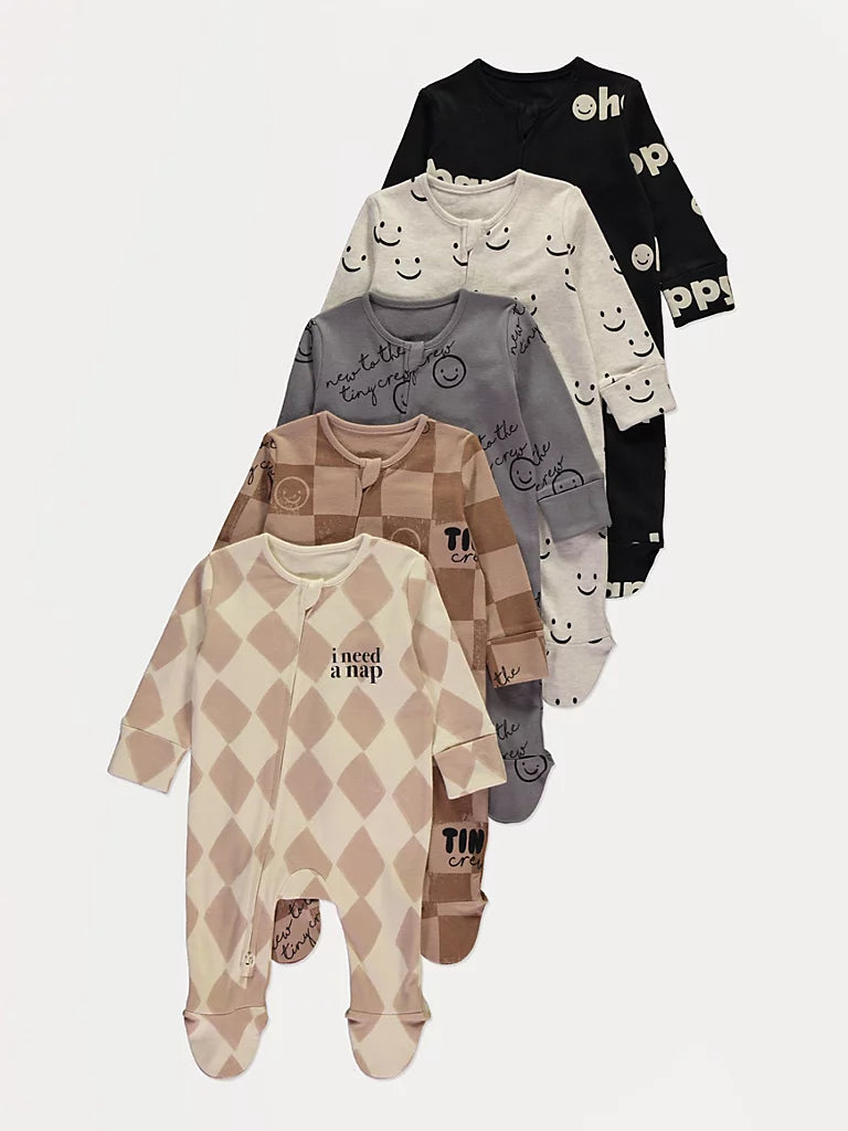 Neutral Smiles Zip Fasten Sleepsuits 5 Pack