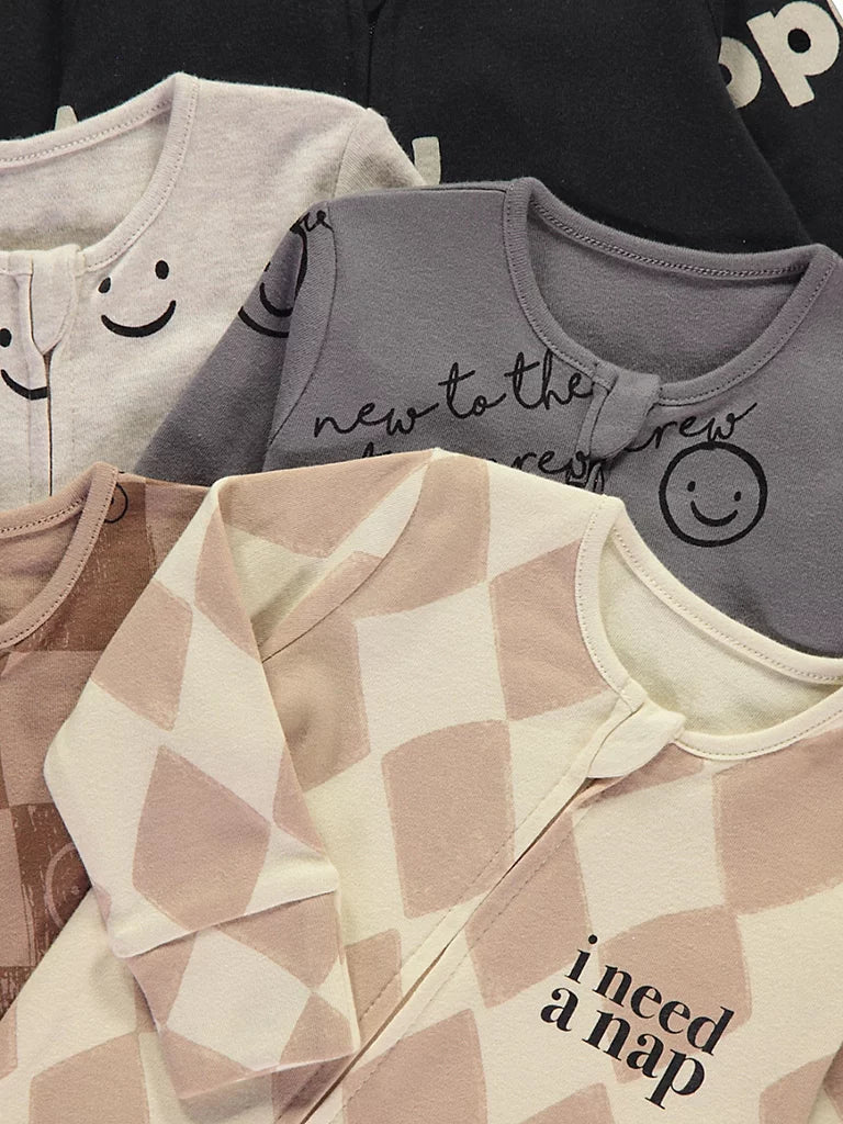 Neutral Smiles Zip Fasten Sleepsuits 5 Pack