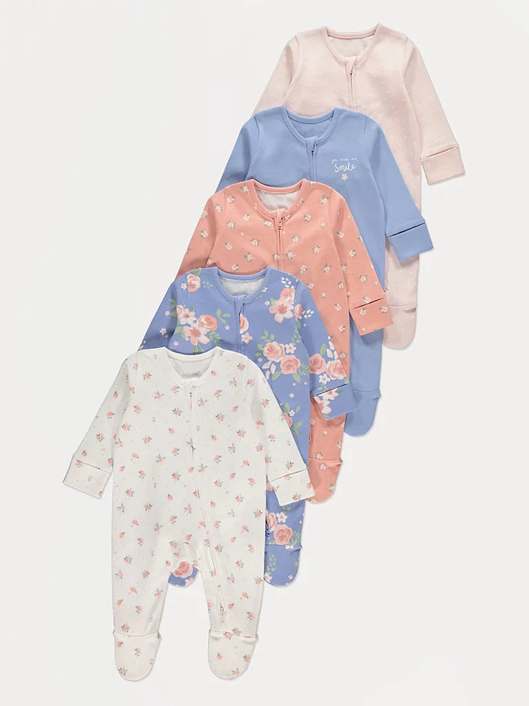 Set od 5 Spilhozne - Floral Zip Fasten Long Sleeve Sleepsuits 5 Pack