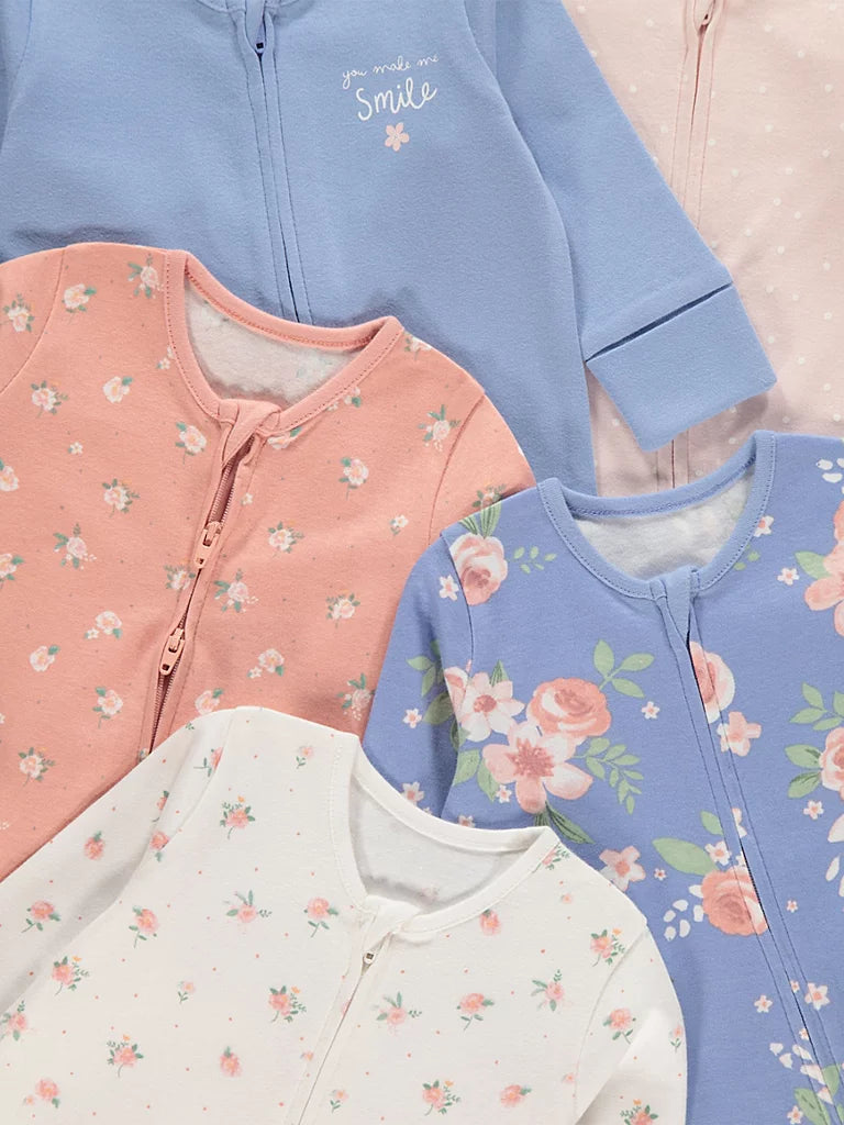Set od 5 Spilhozne - Floral Zip Fasten Long Sleeve Sleepsuits 5 Pack
