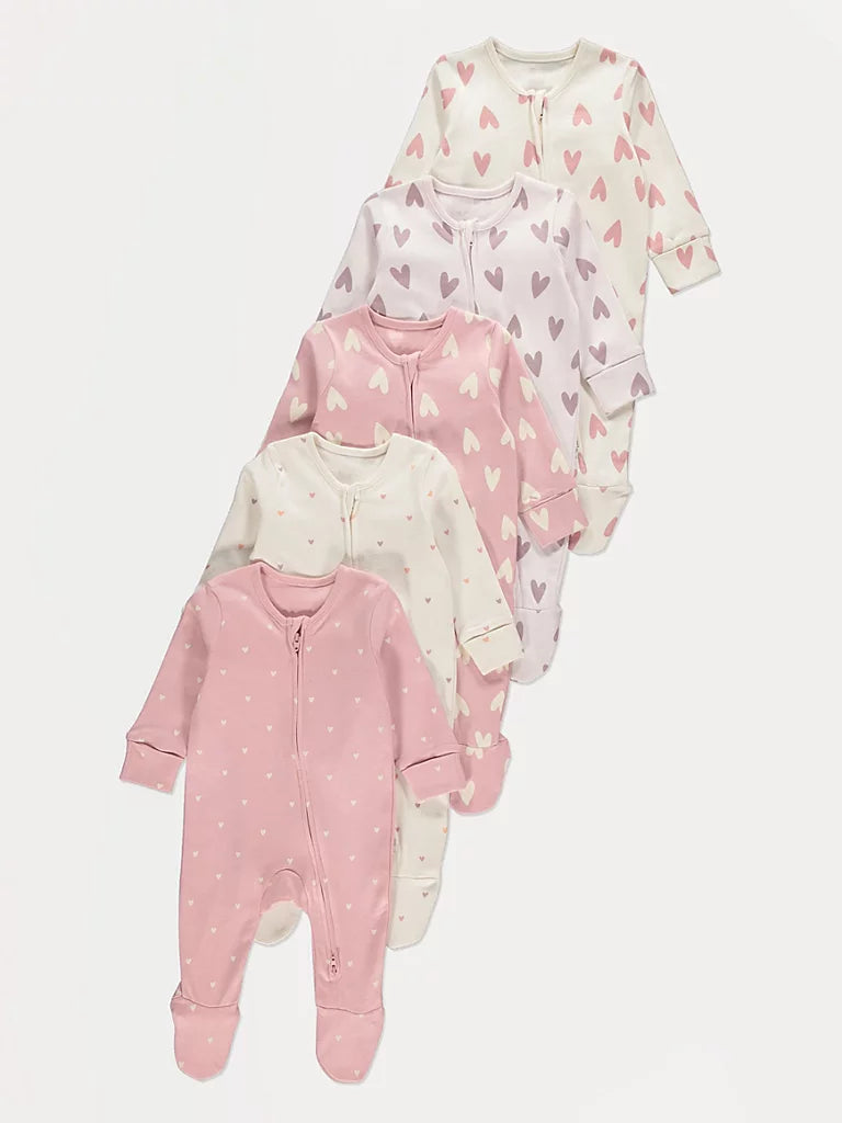 Set od 5 Spilhozne - Pink Heart Print Zip Fasten Sleepsuits 5 Pack