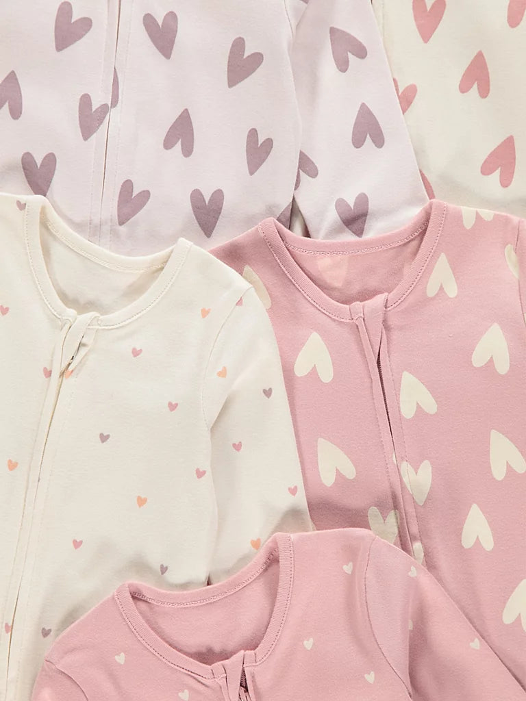 Set od 5 Spilhozne - Pink Heart Print Zip Fasten Sleepsuits 5 Pack