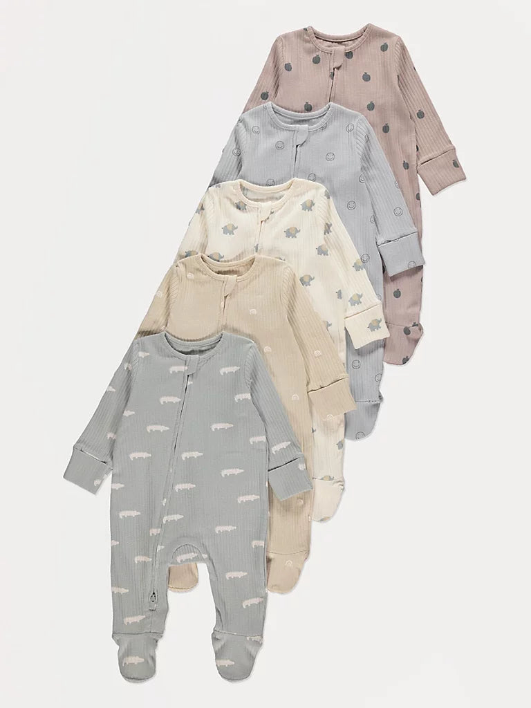 Happy Prints Zip Fasten Sleepsuits 5 Pack