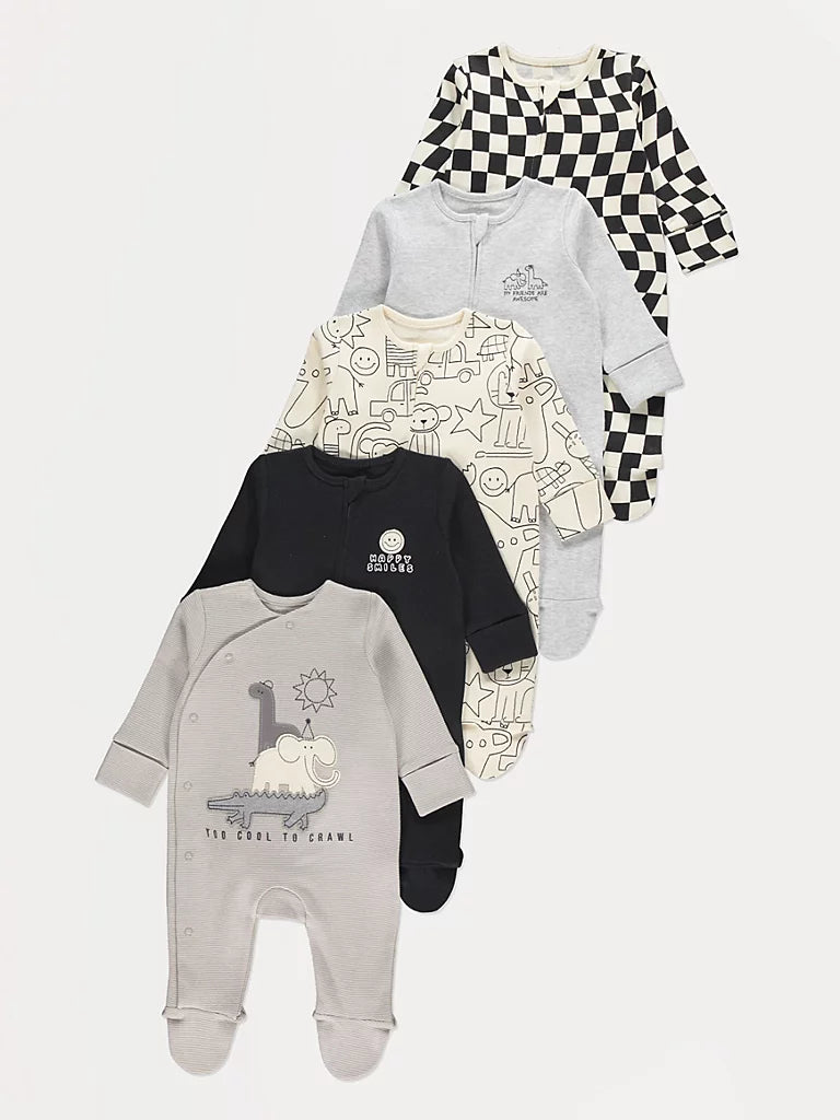 Icons Print Zip Fasten Sleepsuits 5 Pack