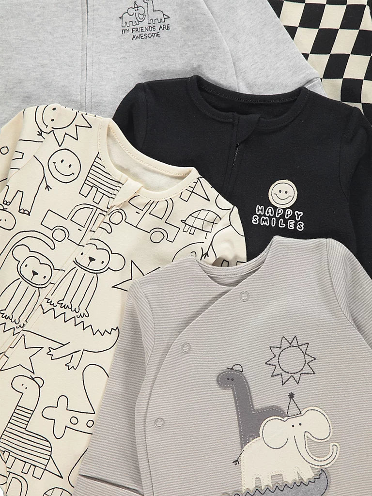 Icons Print Zip Fasten Sleepsuits 5 Pack