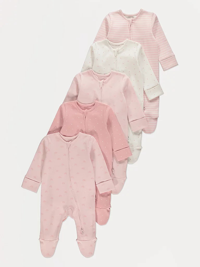 Set od 5 Spilhozne - Pink Patterned Zip Fasten Sleepsuits 5 Pack