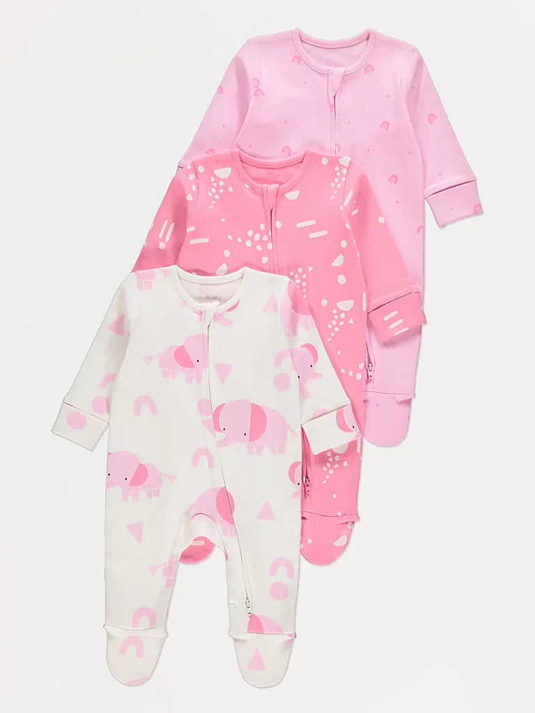 Set od 3 Spilhozne - Pink Elephant Zip Fasten Sleepsuits 3 Pack