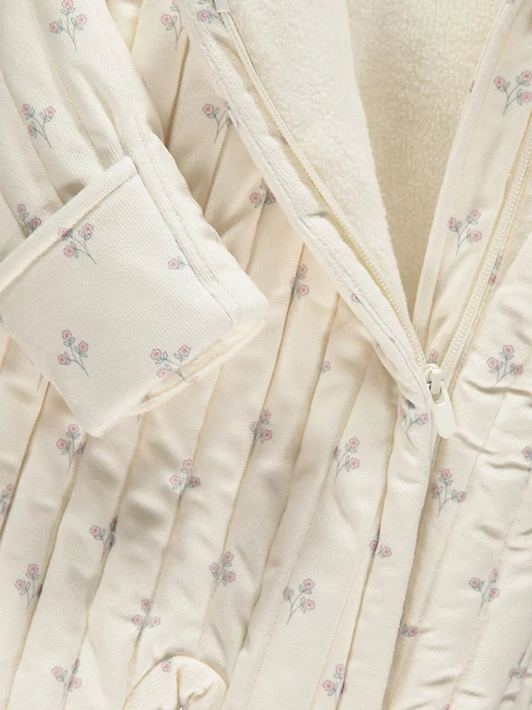 Skafander - Neutral Ditsy Floral Thick Ribbed Pramsuit