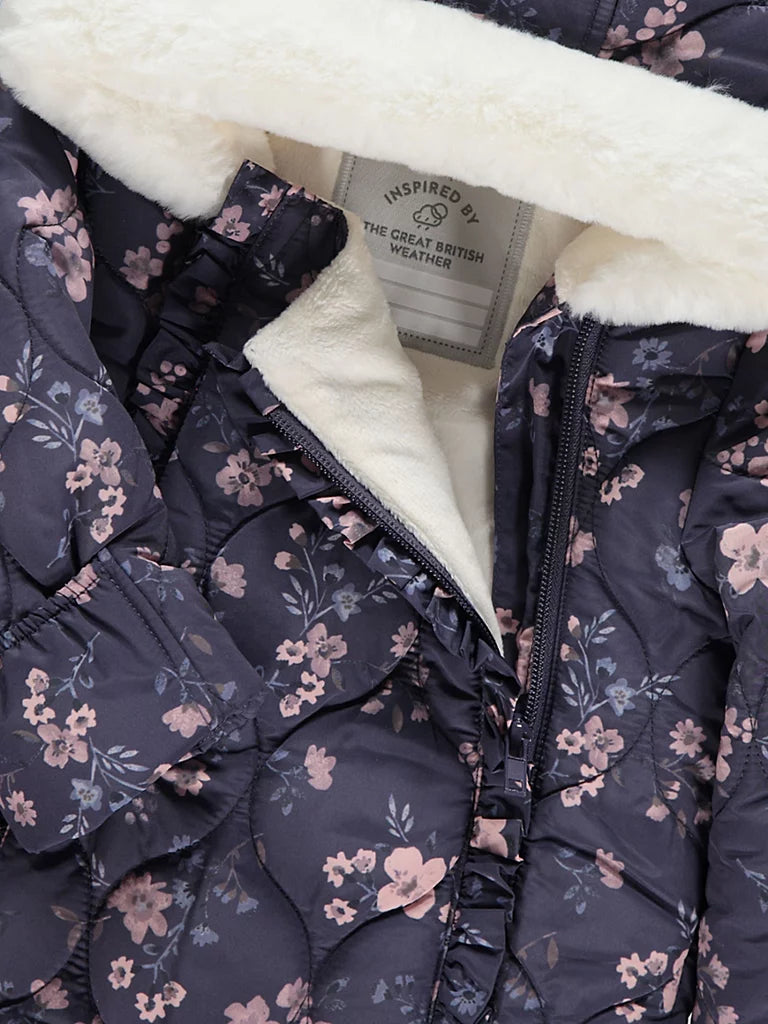 Skafander - Navy Floral Faux Fur Trim Hooded Snowsuit