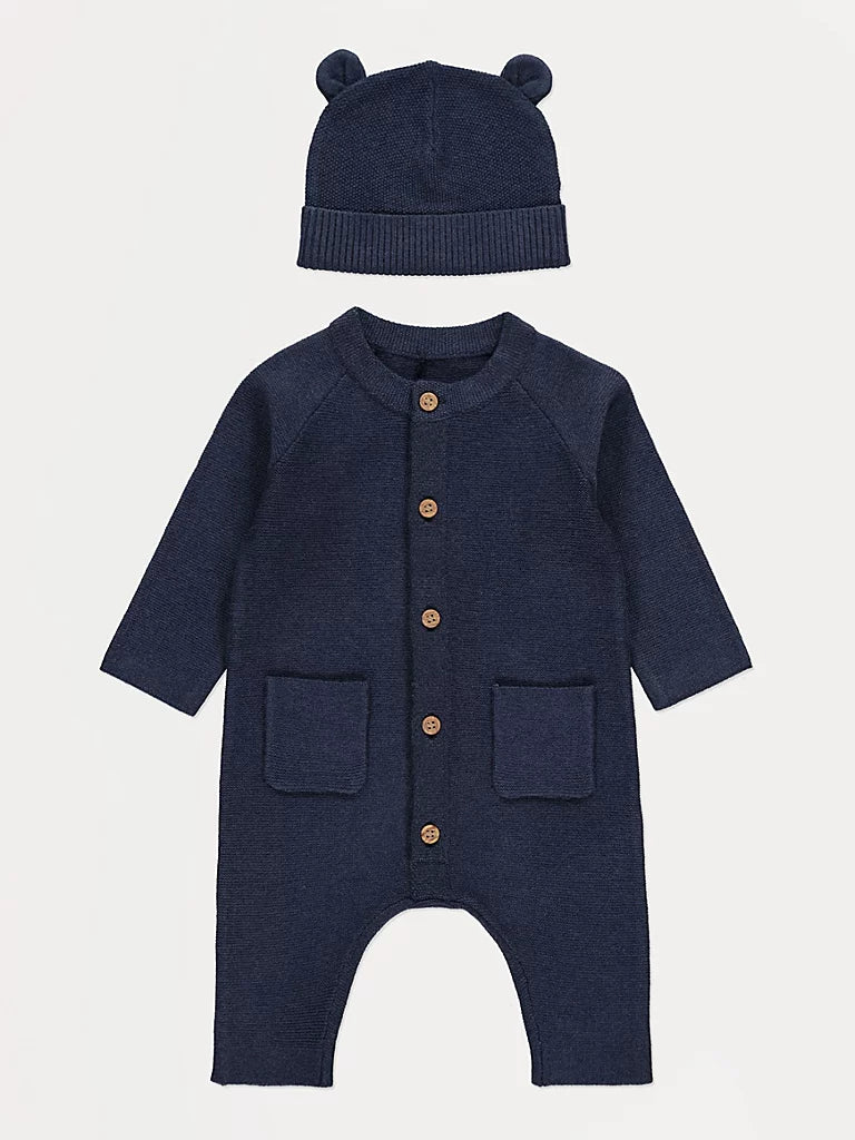 Navy Knitted All-In-One and Ear Hat Set