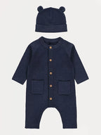 Navy Knitted All-In-One and Ear Hat Set