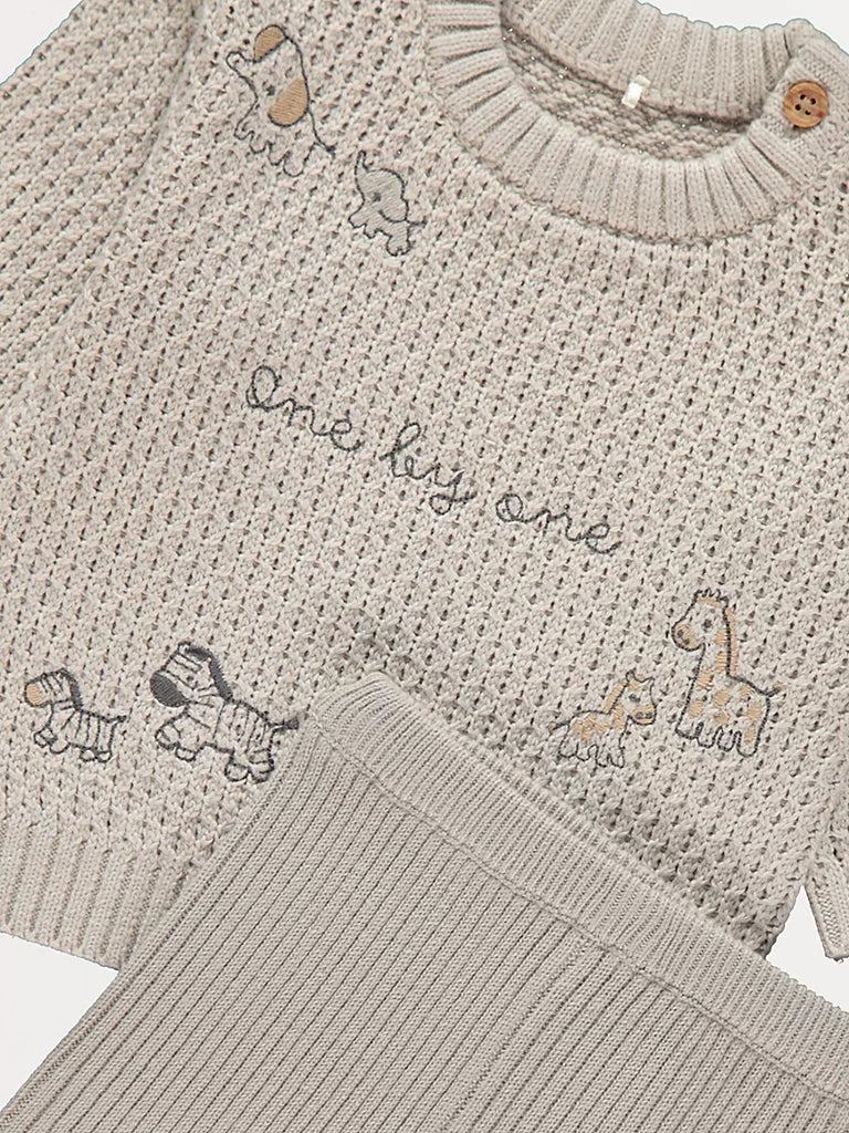 Sand Animal Embroidery Textured Jumper and Ribbed Leggings Outfit
