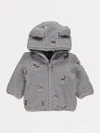 Jakna - Grey Animal Embroidery Zip Fasten Borg Hoodie