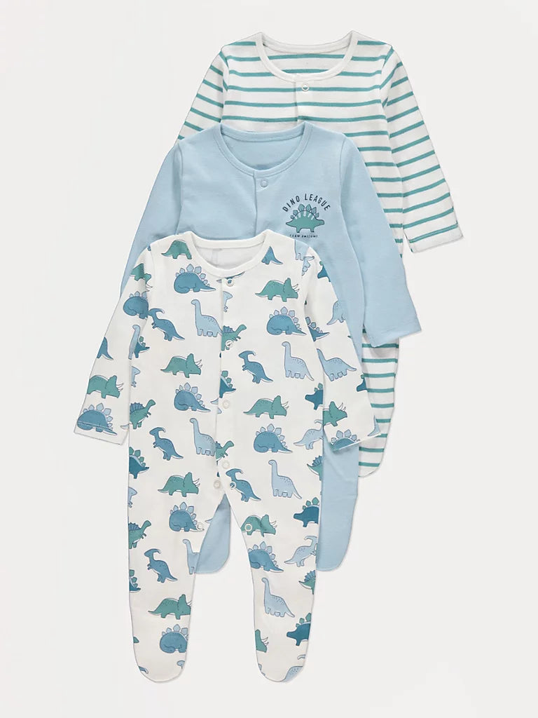 Set od 3 Spilhozne - Blue Dinosaur Sleepsuits