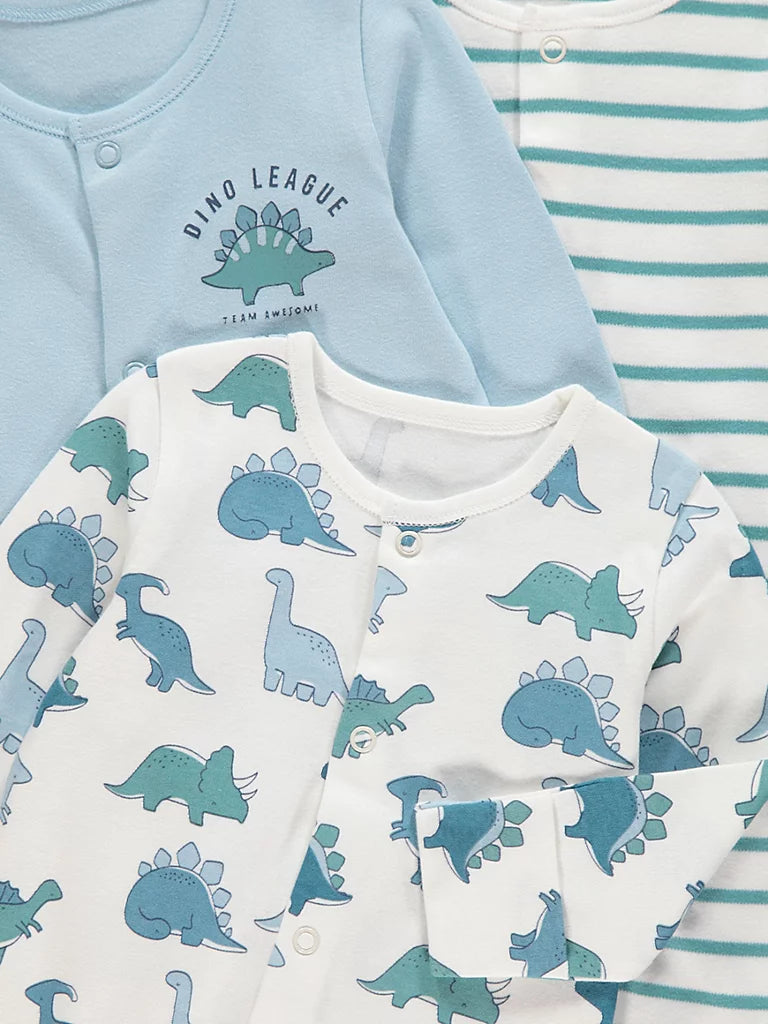 Set od 3 Spilhozne - Blue Dinosaur Sleepsuits