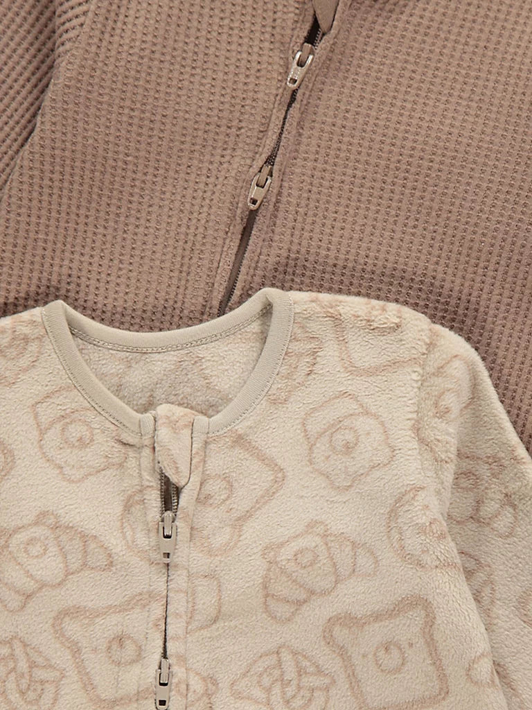 Neutral Bear Fleece Waffle Zip Fasten Sleepsuits 2 Pack