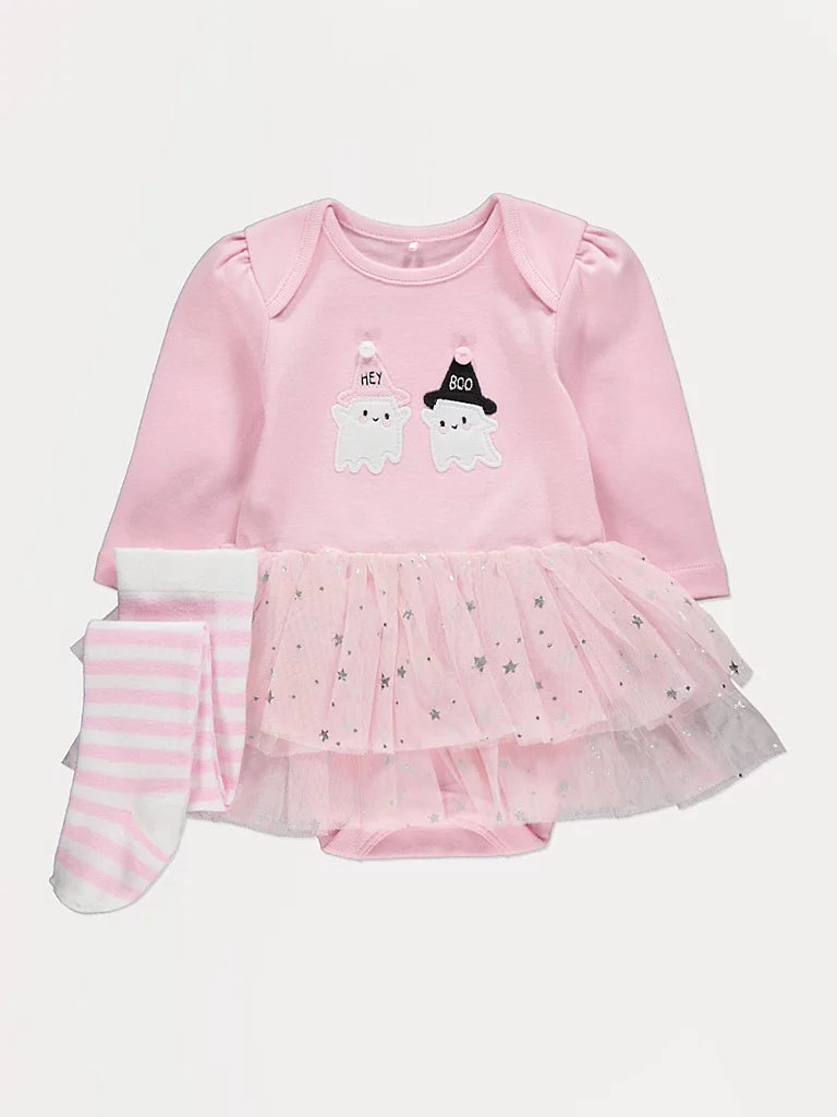 Halloween Pink Ghost Tutu Bodysuit and Tights Outfit