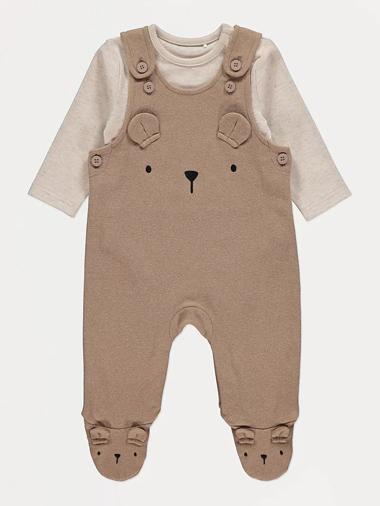 Komplet - Brown Bear Footed Dungarees and Bodysuit Outfit