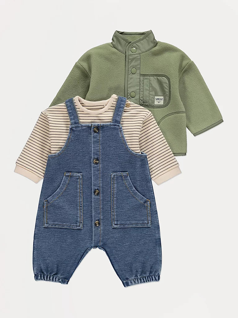 Dungarees Striped Top and Fleece Jacket Outfit
