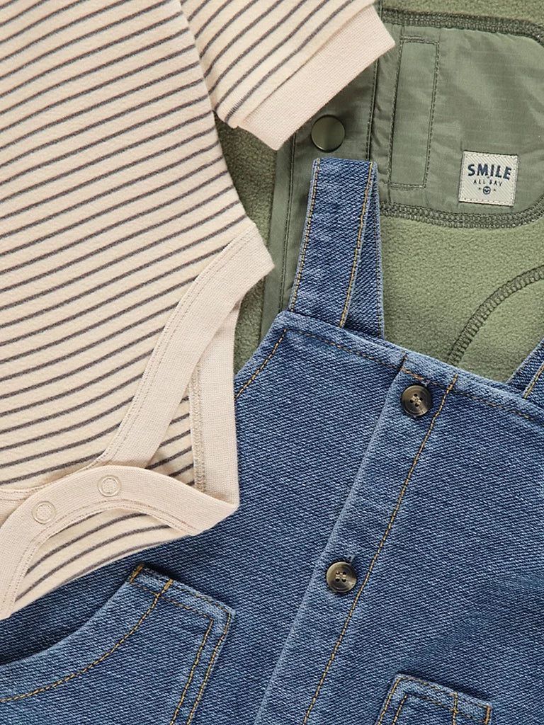 Dungarees Striped Top and Fleece Jacket Outfit