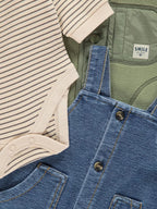 Dungarees Striped Top and Fleece Jacket Outfit