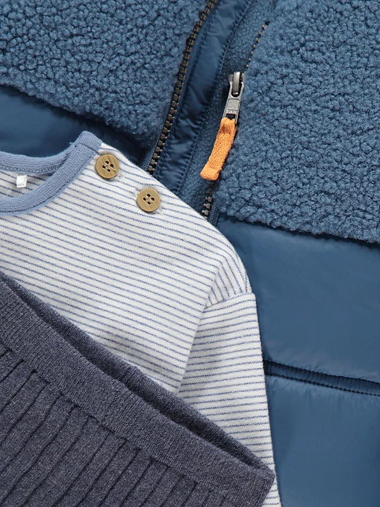 Blue Striped Sweatshirt Leggings and Gilet Outfit