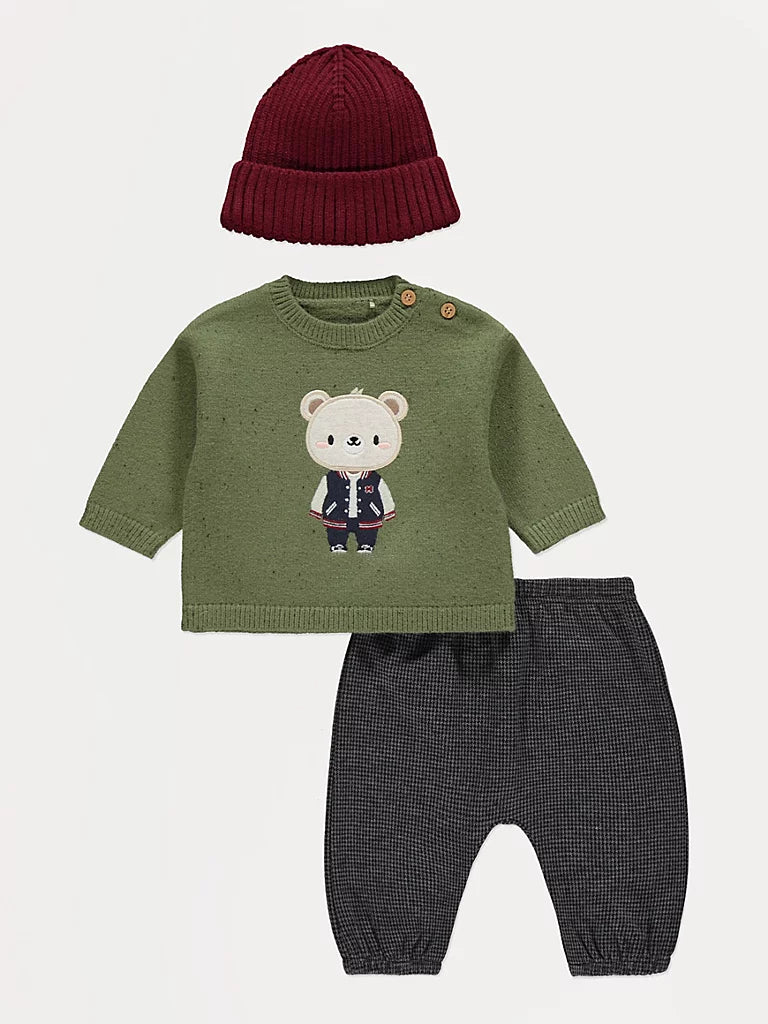 Knitted Bear Jumper and Joggers Outfit with Hat