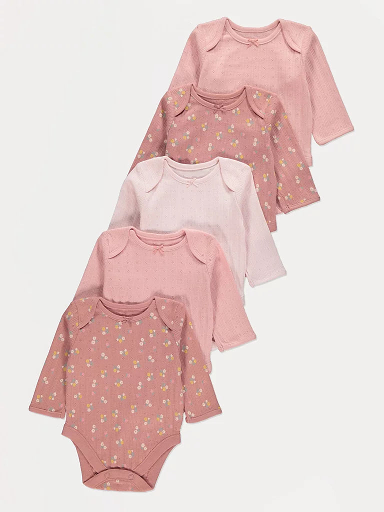 Set od 5 bodija - Pink Pointelle Long Sleeve Bodysuits 5 Pack