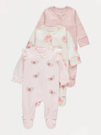 Set od 3 Spilhozne - Pink Rose Zip Fasten Sleepsuits 3 Pack