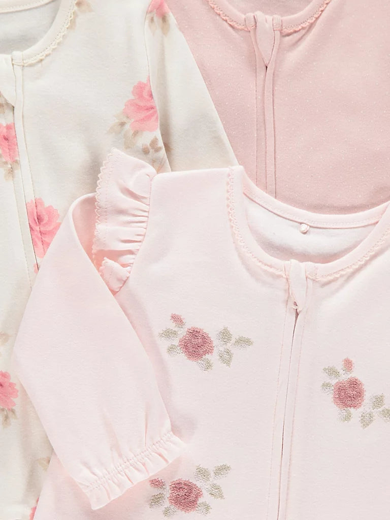 Set od 3 Spilhozne - Pink Rose Zip Fasten Sleepsuits 3 Pack