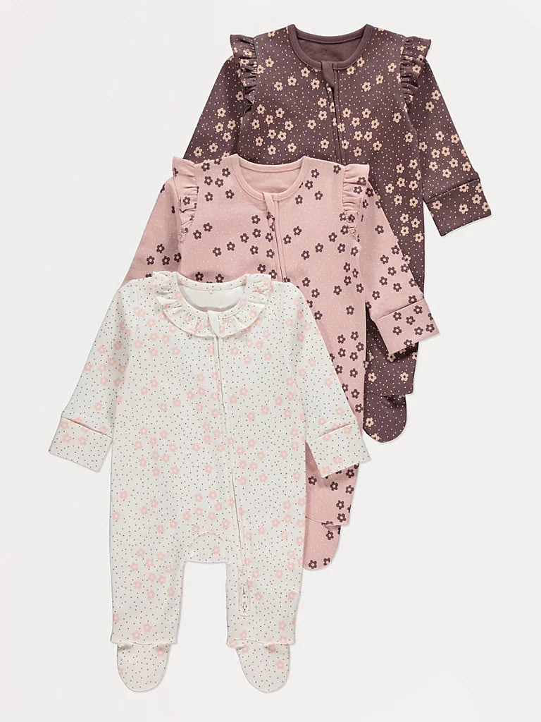 Set od 3 Spilhozne - Flower Dotty Zip Fasten Sleepsuits 3 Pack