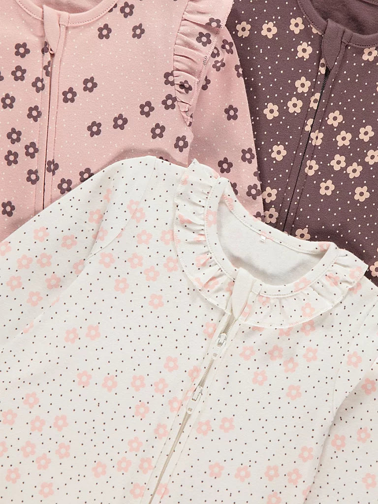 Set od 3 Spilhozne - Flower Dotty Zip Fasten Sleepsuits 3 Pack