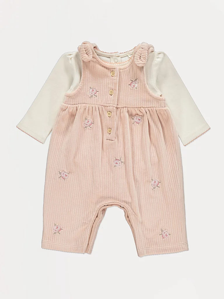 Pink Velour Ribbed Dungaree and Bodysuit Outfit