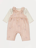 Pink Velour Ribbed Dungaree and Bodysuit Outfit