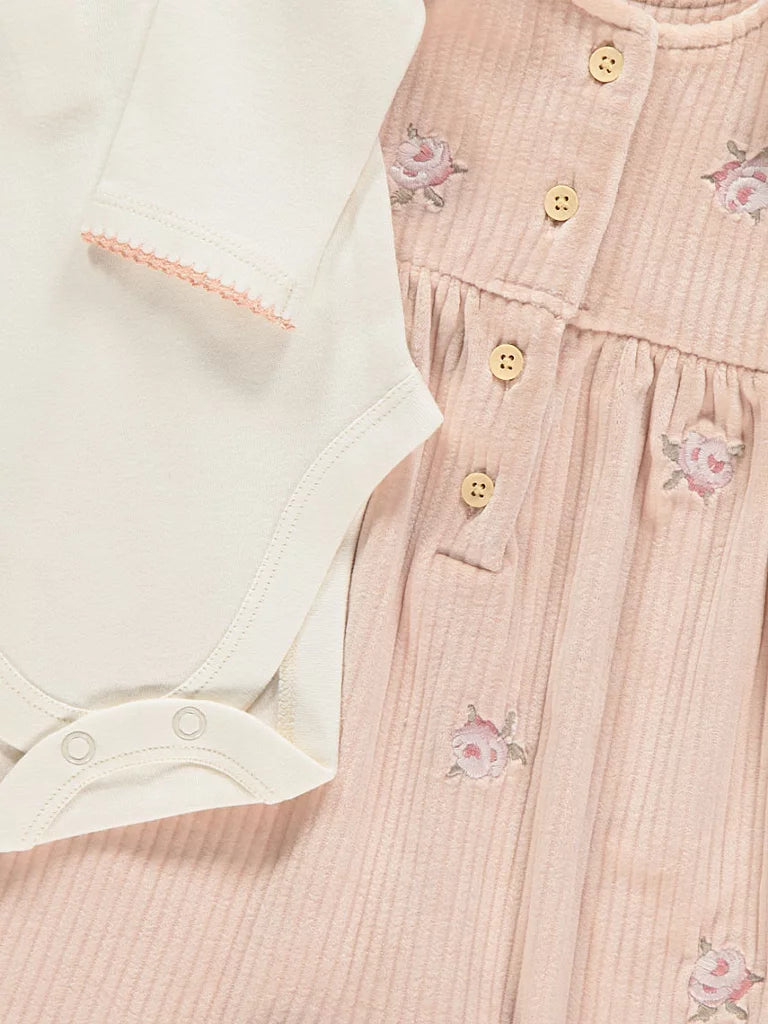 Pink Velour Ribbed Dungaree and Bodysuit Outfit