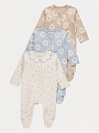 Set od 3 Spilhozne - Neutral Flower Zip Fasten Sleepsuits 3 Pack
