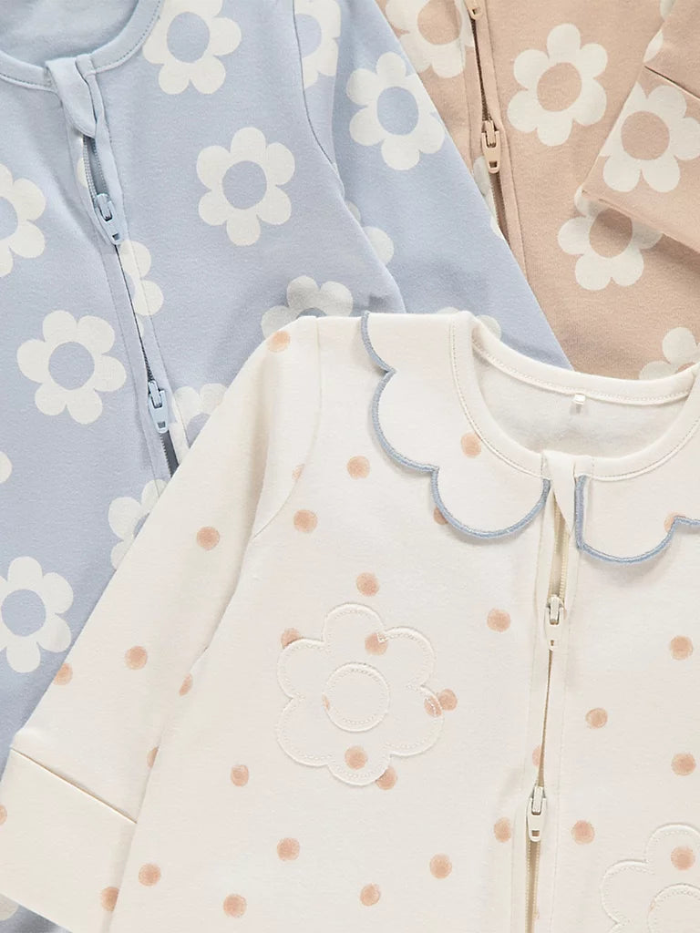Set od 3 Spilhozne - Neutral Flower Zip Fasten Sleepsuits 3 Pack