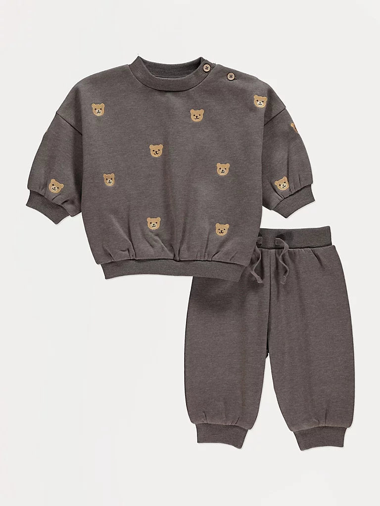 Brown Bear Embroidered Sweatshirt and Joggers Outfit