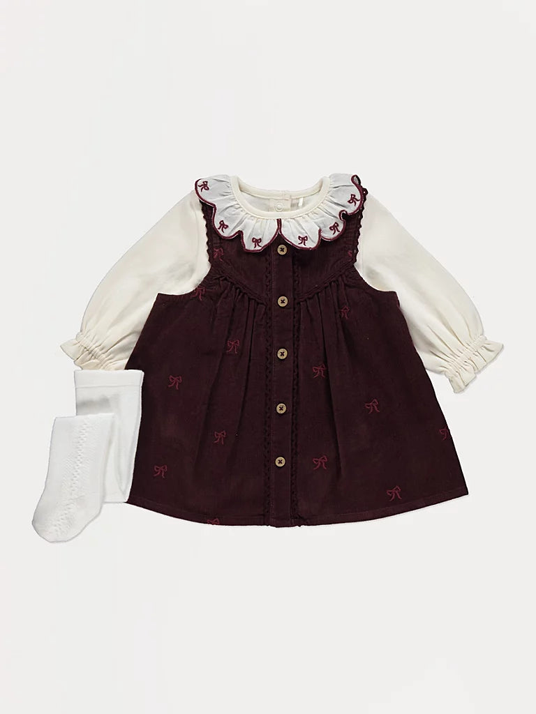 Corduroy Embroidered Pinafore Collared Bodysuit and Tights