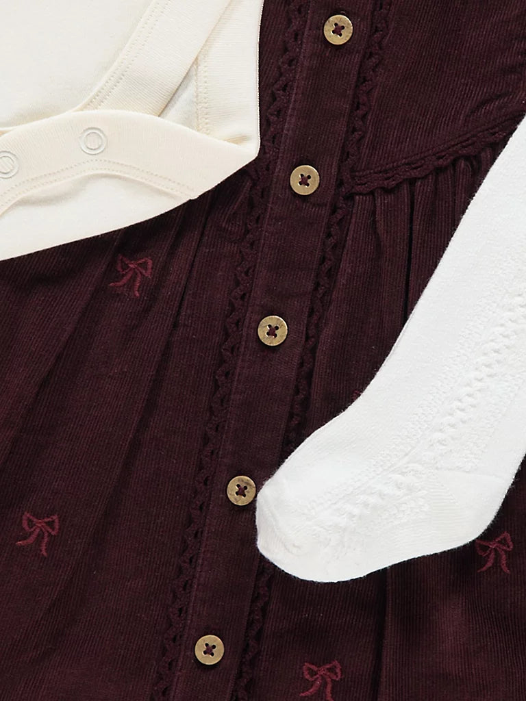 Corduroy Embroidered Pinafore Collared Bodysuit and Tights