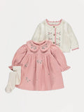 Pink Floral Dress Pointelle Cardigan and Socks Outfit