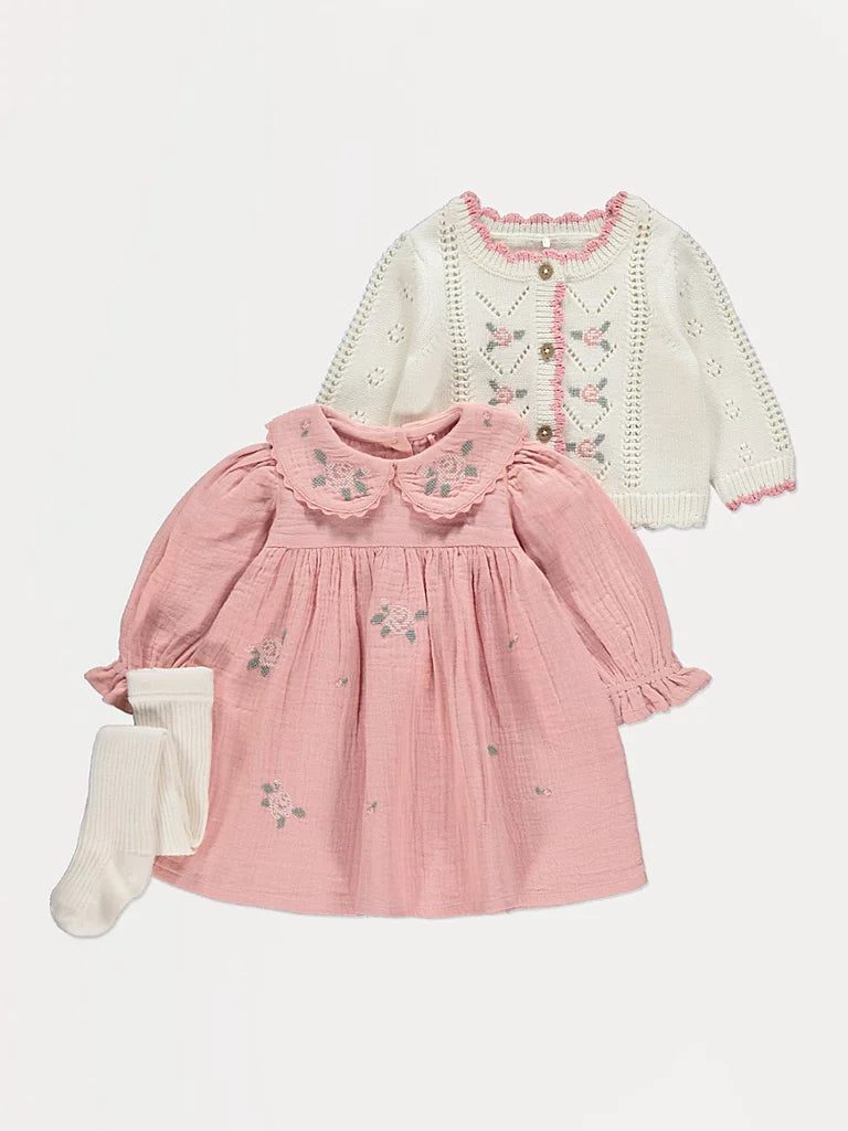 Pink Floral Dress Pointelle Cardigan and Socks Outfit