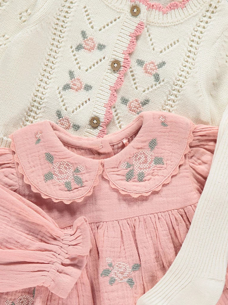Pink Floral Dress Pointelle Cardigan and Socks Outfit
