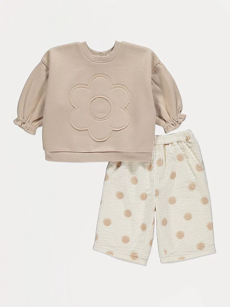 Neutral Flower Sweatshirt Corduroy Trousers Outfit