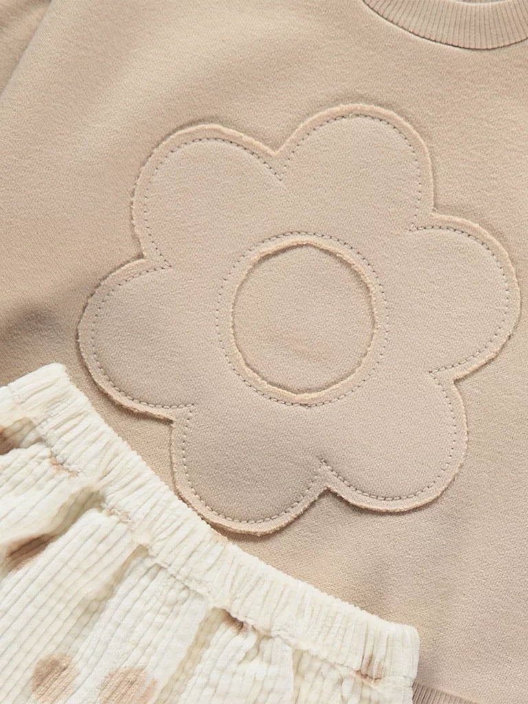 Neutral Flower Sweatshirt Corduroy Trousers Outfit