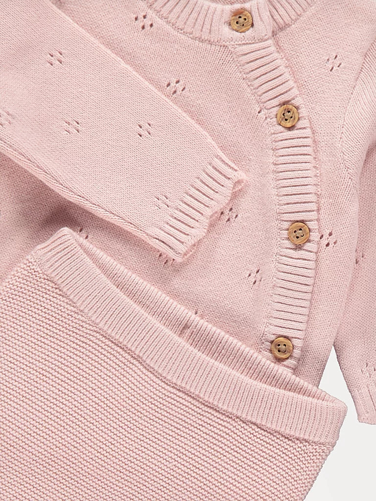 Pink Pointelle Knitted Cardigan and Trousers Set